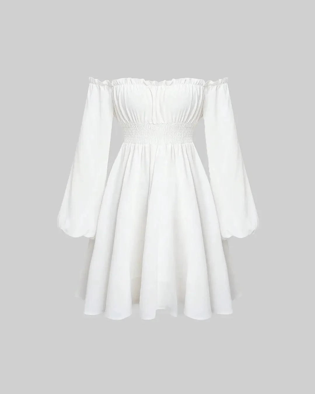 Off Shoulder Lantern Sleeve Frill Trim Dress In White