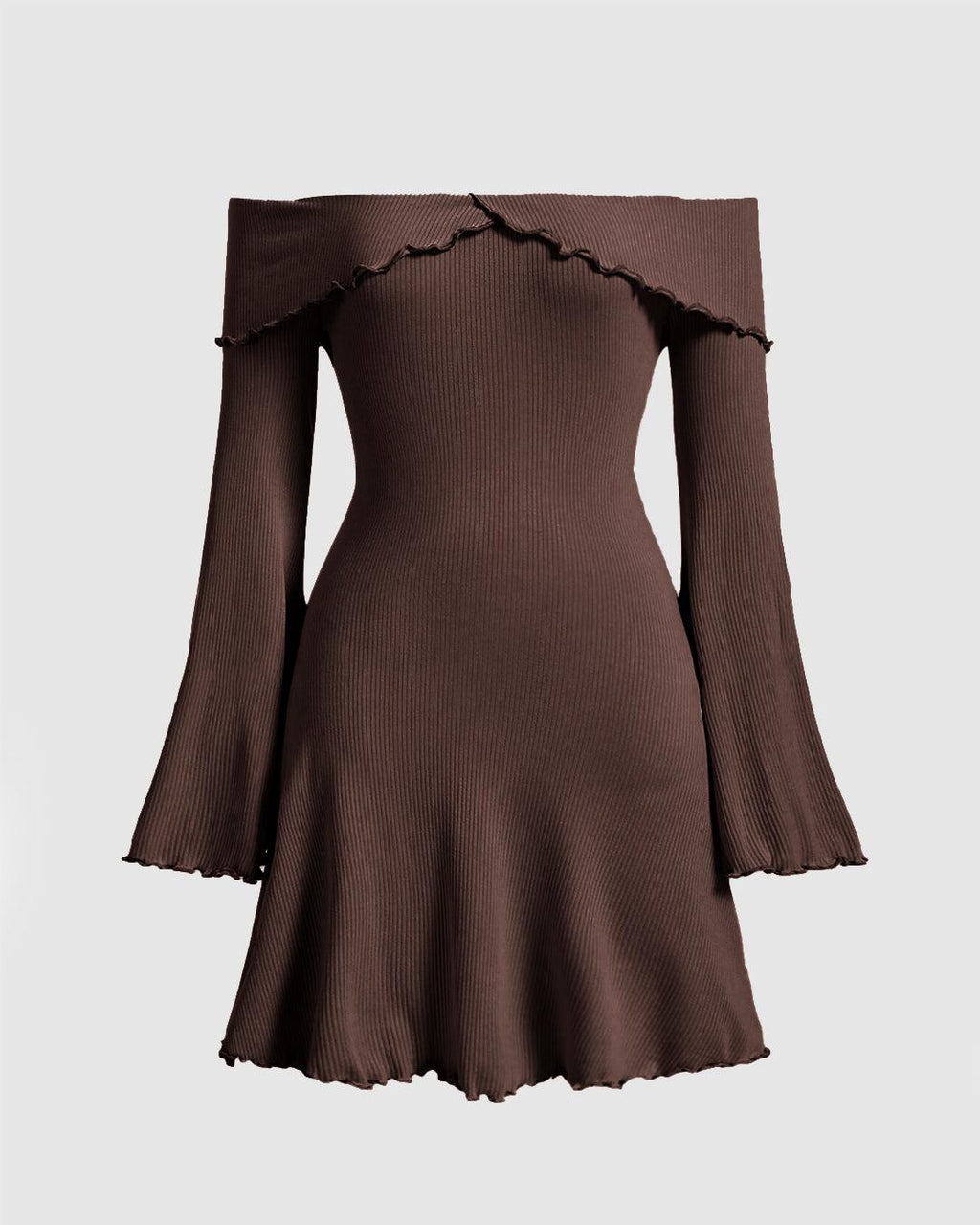 Off Shoulder Lettuce Trim Flare Sleeve Dress In Chocolate Brown