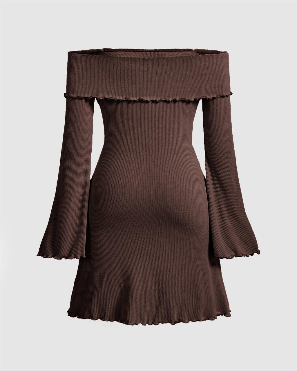 Off Shoulder Lettuce Trim Flare Sleeve Dress In Chocolate Brown