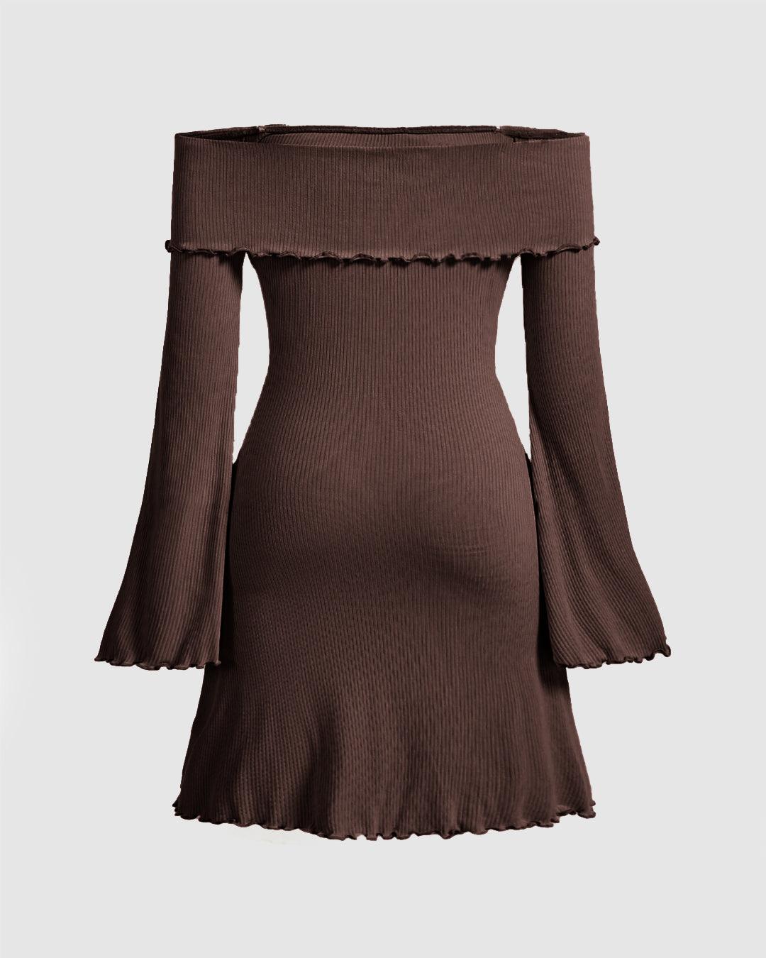 Off Shoulder Lettuce Trim Flare Sleeve Dress In Chocolate Brown