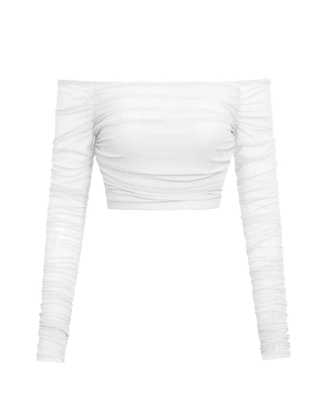 Off Shoulder Long Sleeve Ruched Mesh White Top