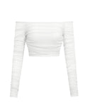 Off Shoulder Long Sleeve Ruched Mesh White Top