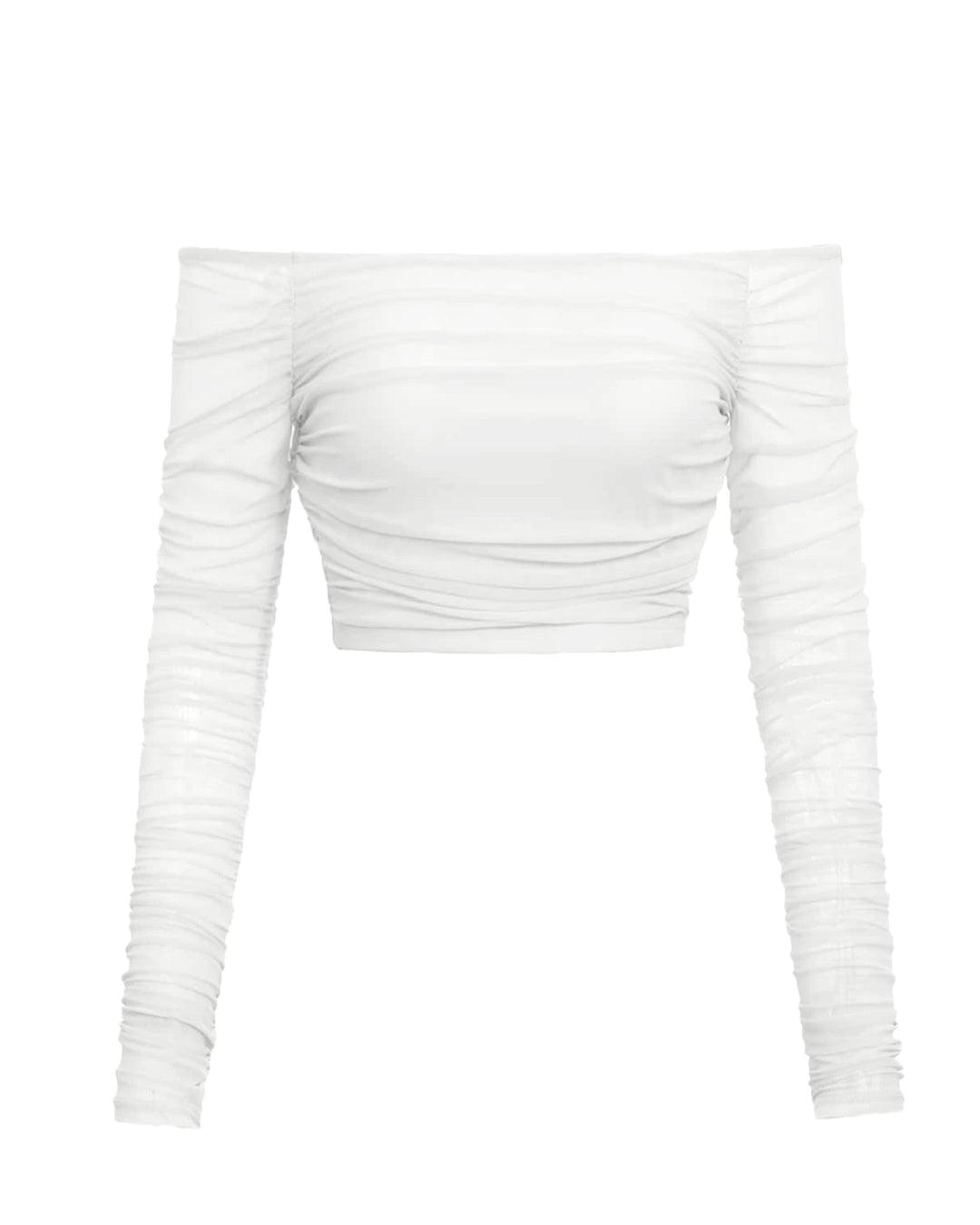 Off Shoulder Long Sleeve Ruched Mesh White Top