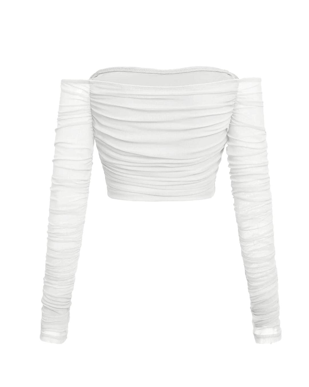 Off Shoulder Long Sleeve Ruched Mesh White Top