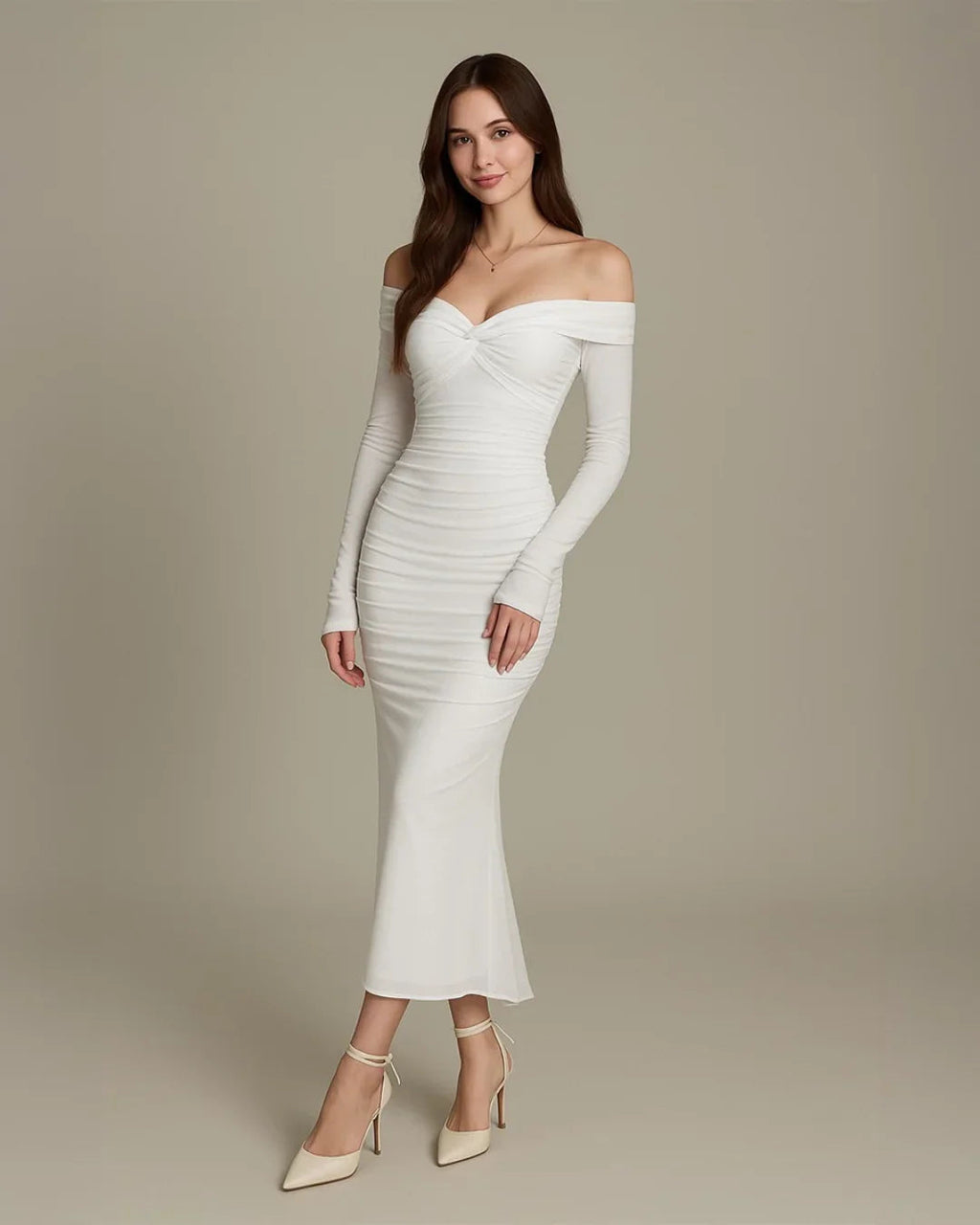 Off Shoulder Mesh Ruched Fitted Dress With Long Sleeve