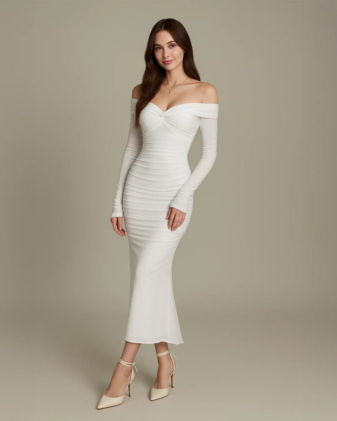 Off Shoulder Mesh Ruched Fitted Dress With Long Sleeve