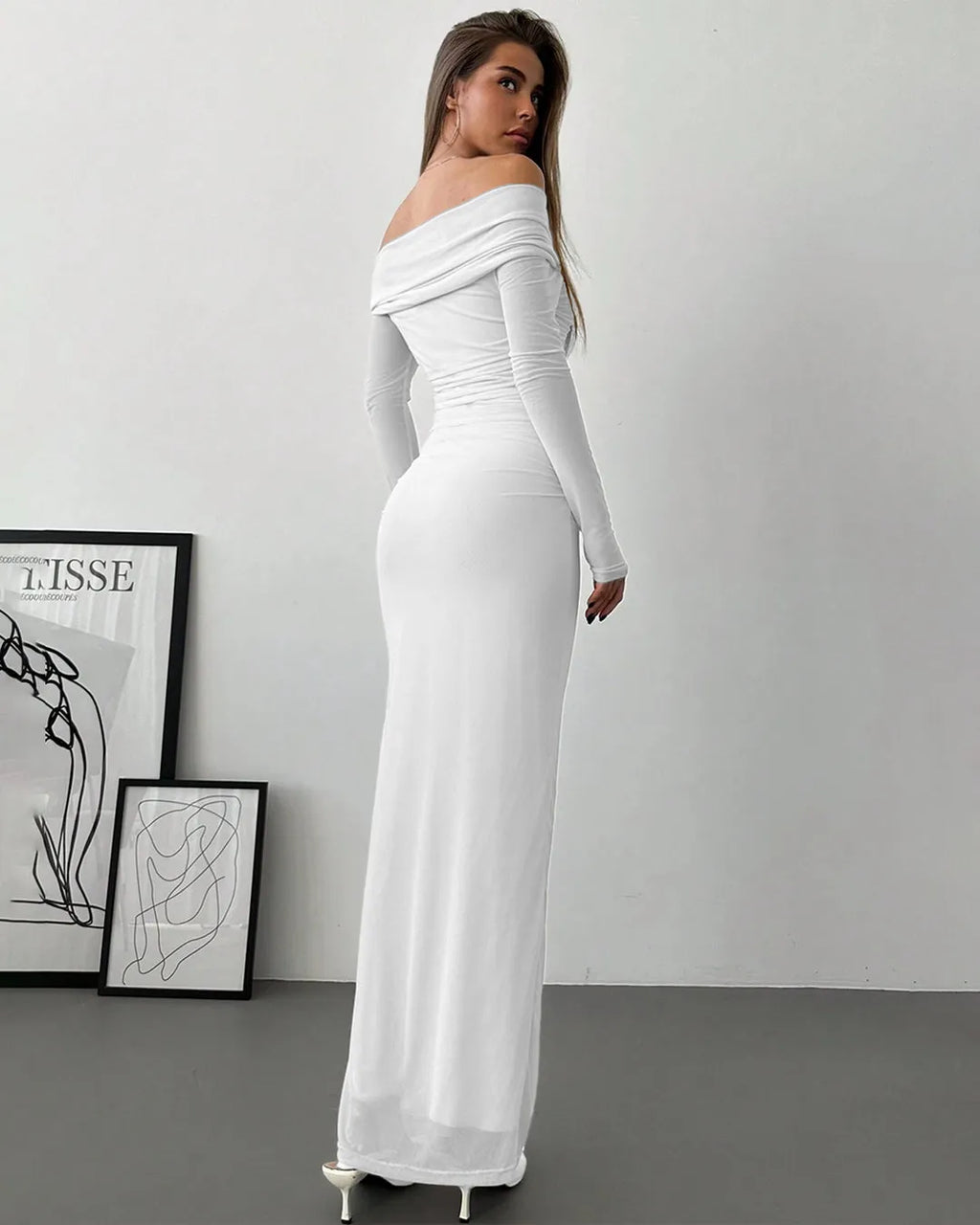 Off Shoulder Mesh Ruched Fitted Dress With Long Sleeve