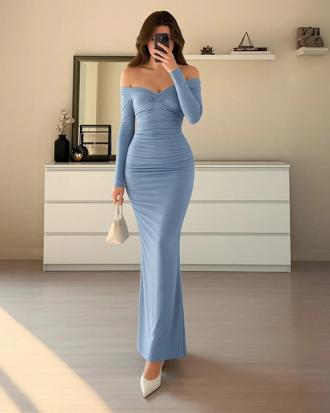 Off Shoulder Mesh Ruched Fitted Dress With Long Sleeve In Dusty Blue