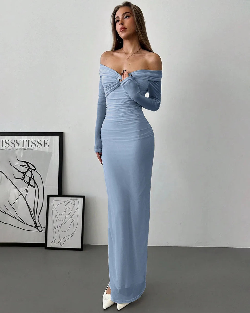Off Shoulder Mesh Ruched Fitted Dress With Long Sleeve In Dusty Blue