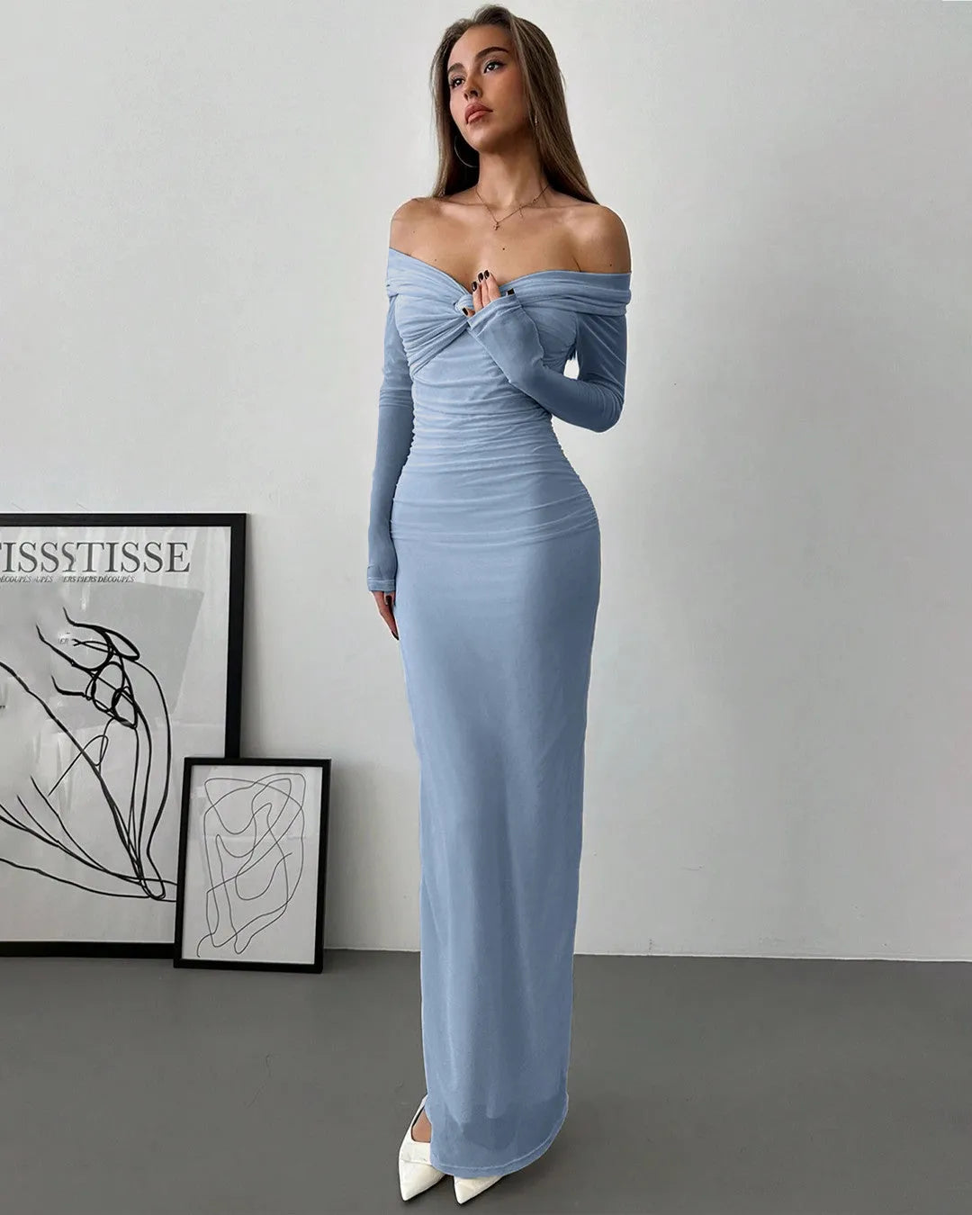Off Shoulder Mesh Ruched Fitted Dress With Long Sleeve In Dusty Blue