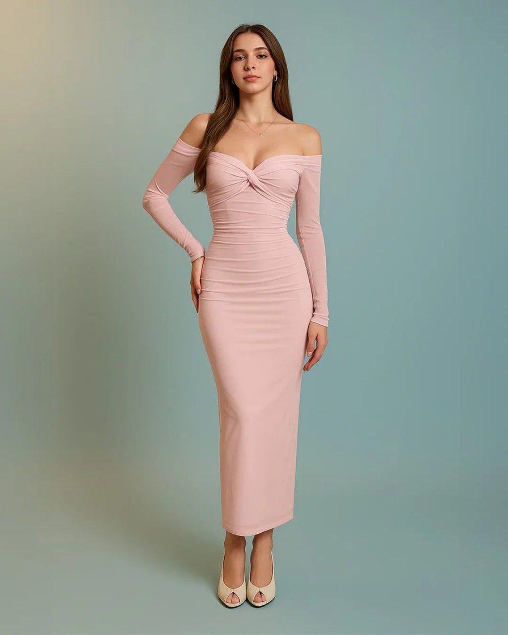 Off Shoulder Mesh Ruched Fitted Dress With Long Sleeve In Light Pink