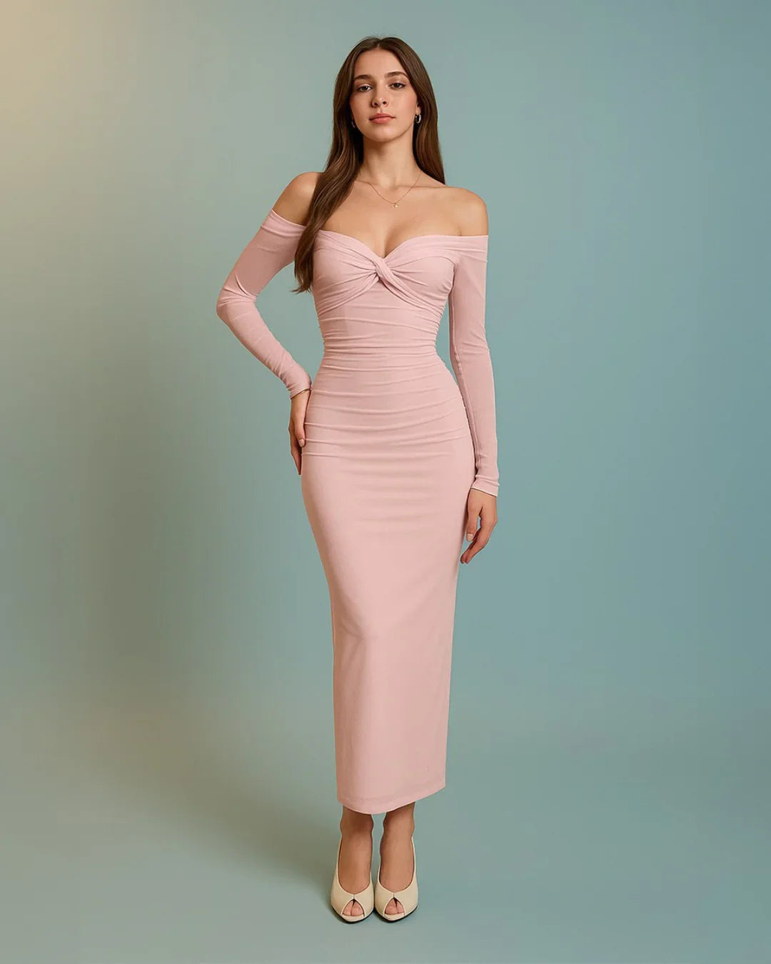 Off Shoulder Mesh Ruched Fitted Dress With Long Sleeve In Light Pink