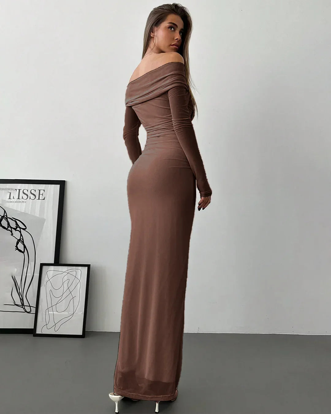 Off Shoulder Mesh Ruched Fitted Dress With Long Sleeve in Coco