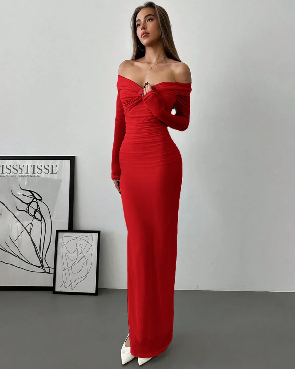 Off Shoulder Mesh Ruched Fitted Dress With Long Sleeve in Dark Red