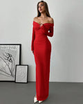 Off Shoulder Mesh Ruched Fitted Dress With Long Sleeve in Dark Red