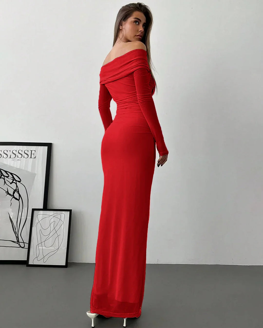 Off Shoulder Mesh Ruched Fitted Dress With Long Sleeve in Dark Red