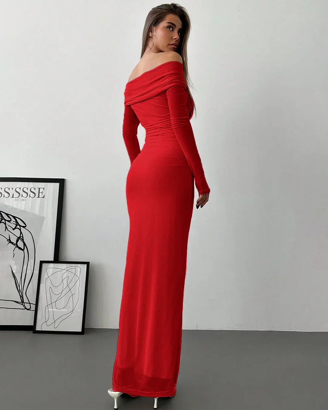 Off Shoulder Mesh Ruched Fitted Dress With Long Sleeve in Dark Red