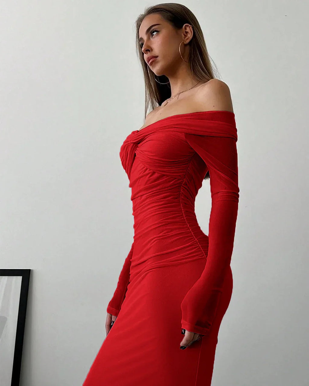 Off Shoulder Mesh Ruched Fitted Dress With Long Sleeve in Dark Red