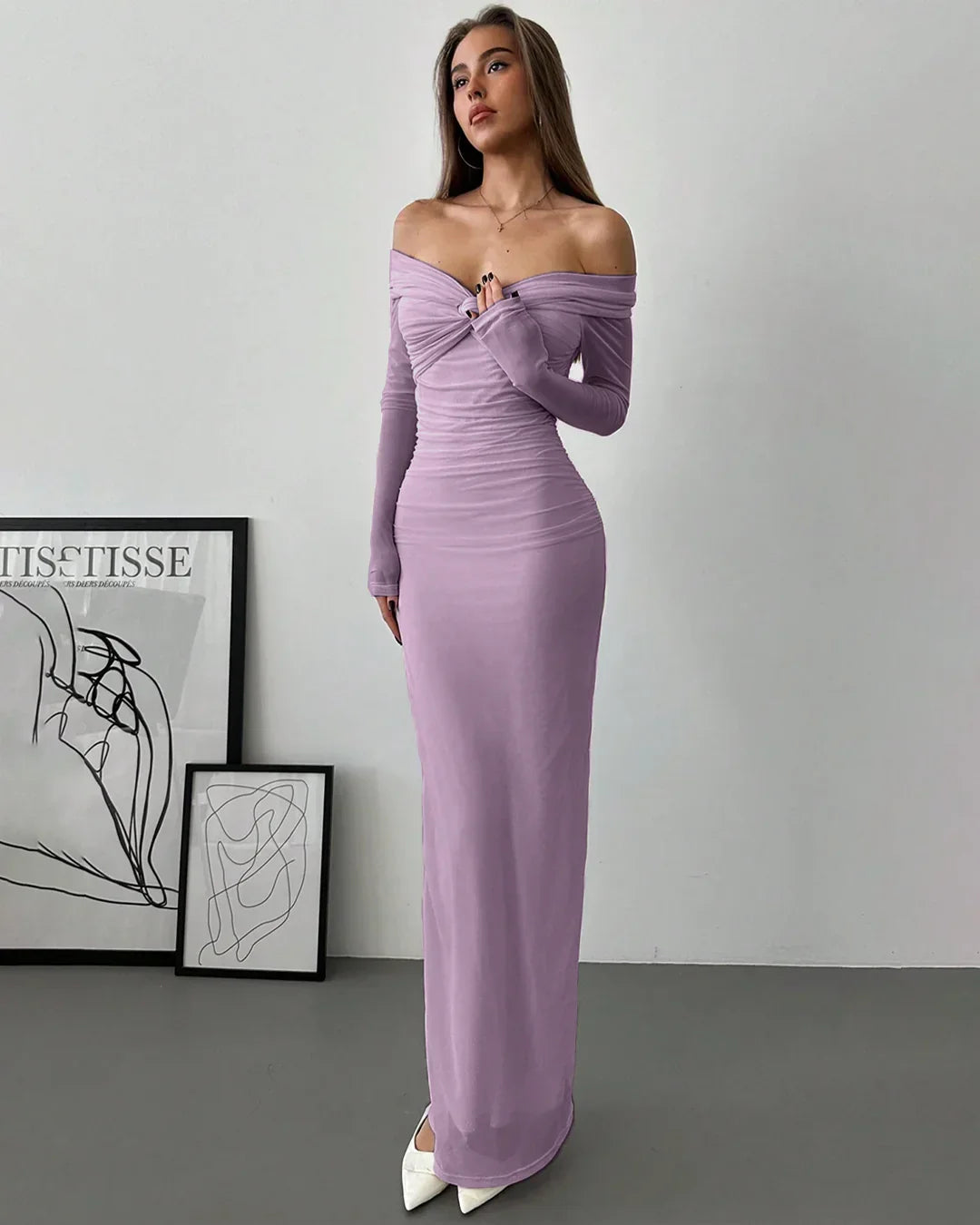 Off Shoulder Mesh Ruched Fitted Dress With Long Sleeve in Lilac