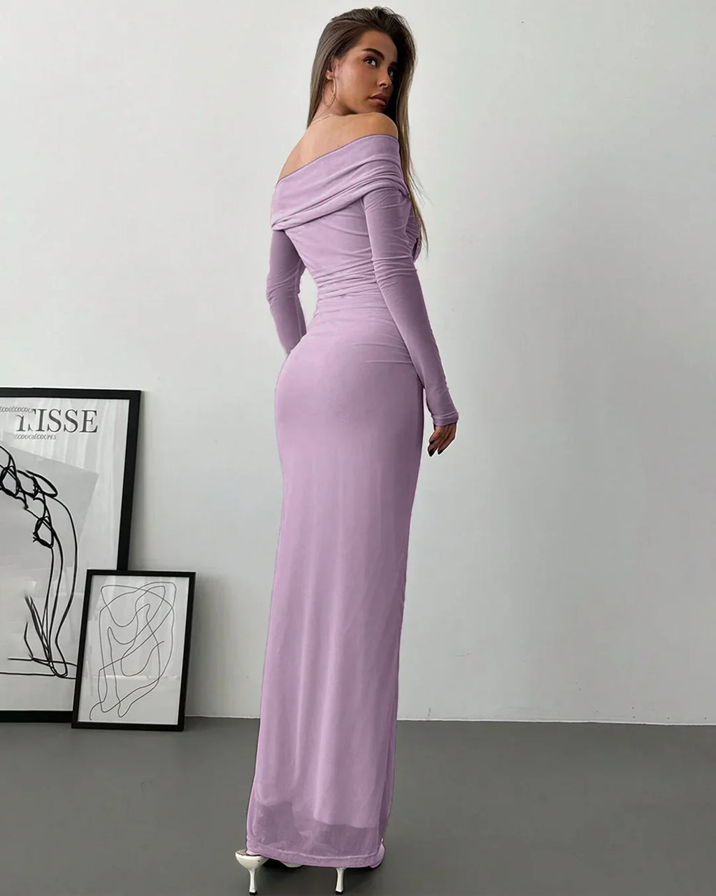 Off Shoulder Mesh Ruched Fitted Dress With Long Sleeve in Lilac