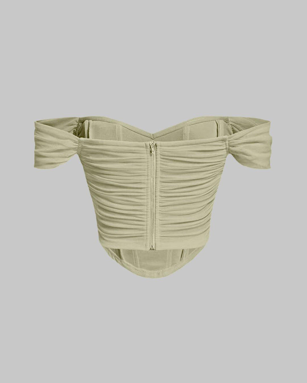 Off Shoulder Ruched Textured Solid Crop Top in Green