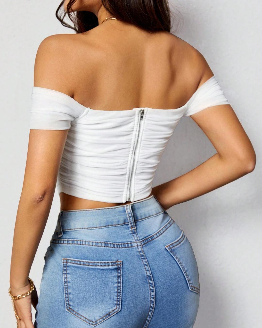 Off Shoulder Ruched White Mesh Top