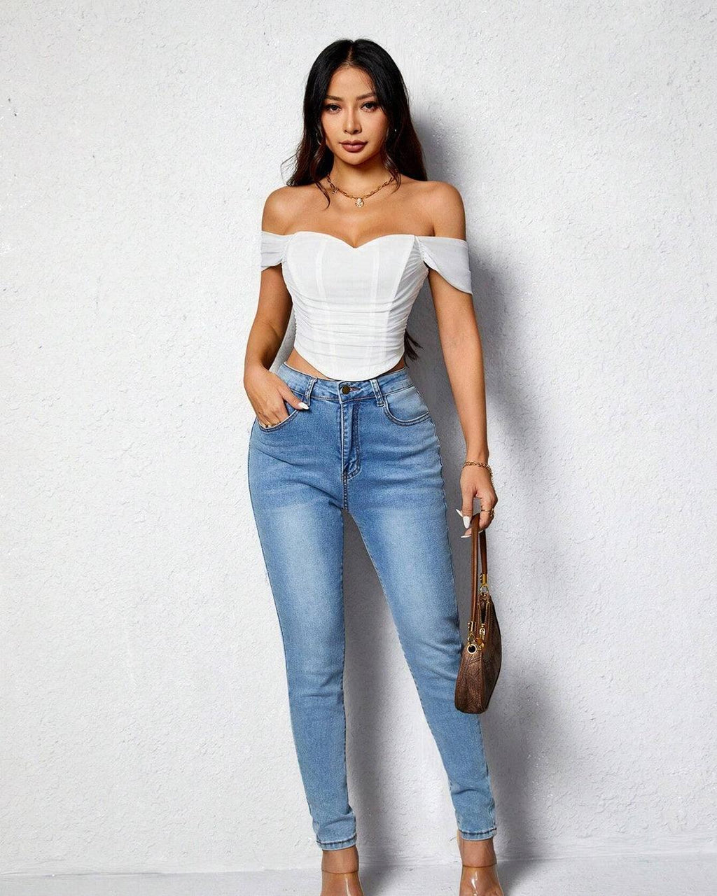 Off Shoulder Ruched White Mesh Top