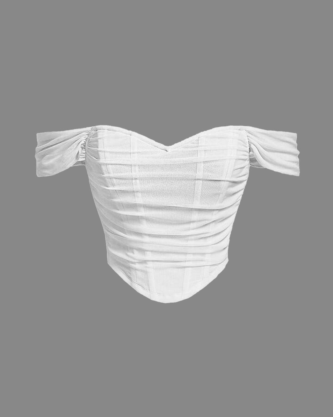 Off Shoulder Ruched White Mesh Top