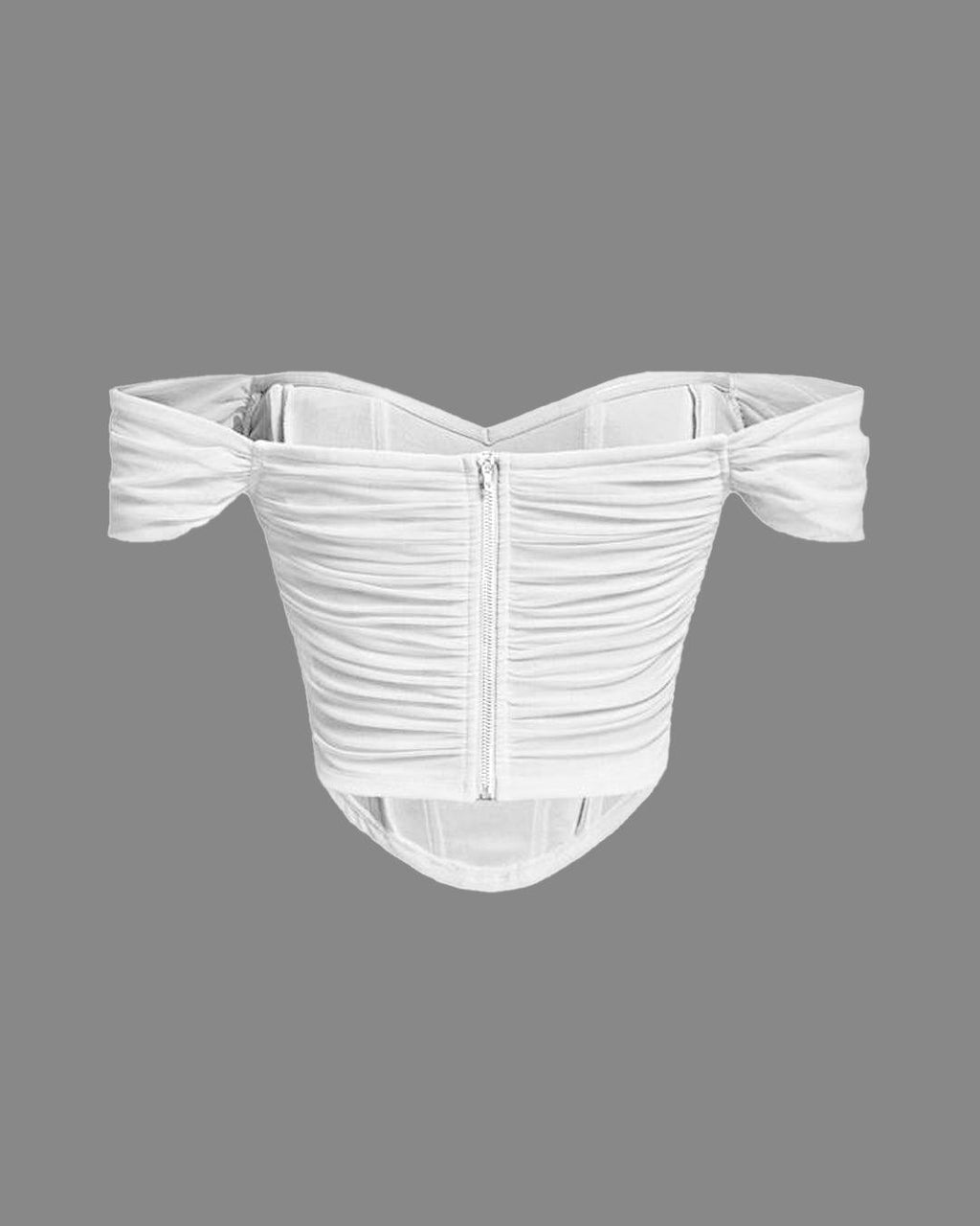 Off Shoulder Ruched White Mesh Top