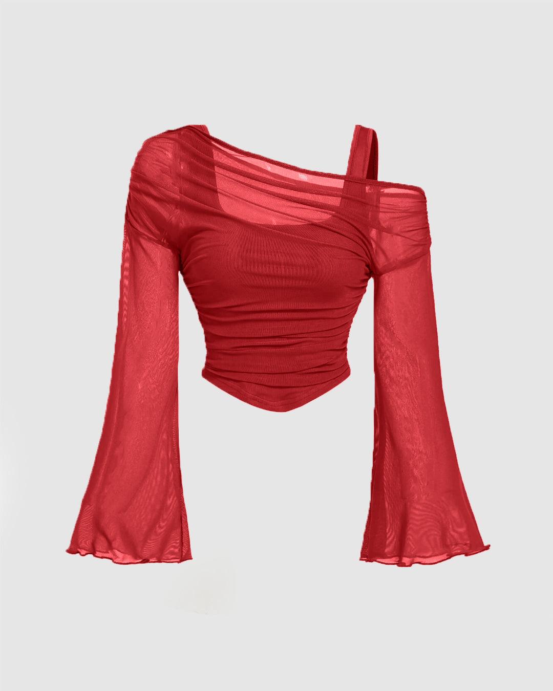 Off Shoulder Sheer Flare Sleeve Fitted Crop Top Red
