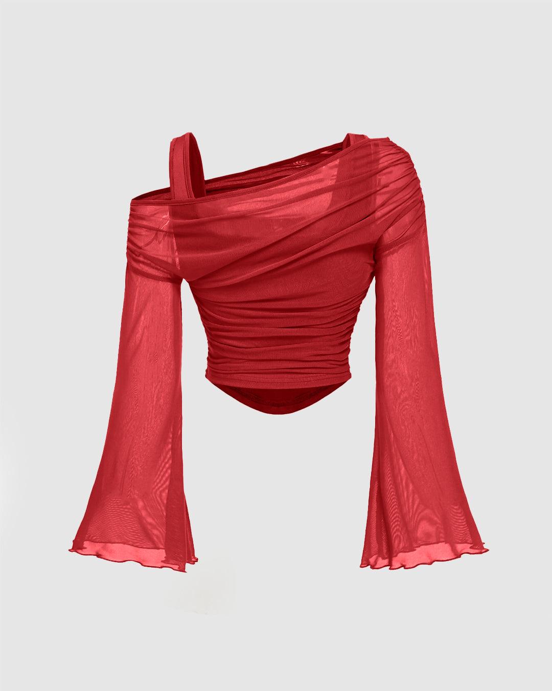 Off Shoulder Sheer Flare Sleeve Fitted Crop Top Red