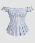 Off Shoulder Striped Button Down Top in Blue and White
