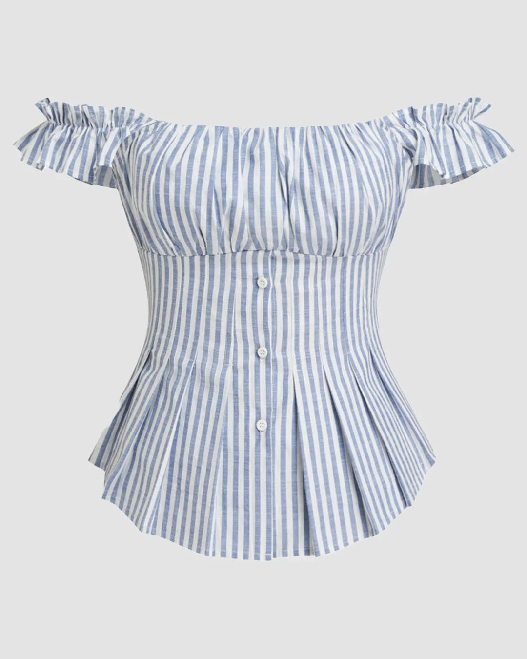 Off Shoulder Striped Button Down Top in Blue and White