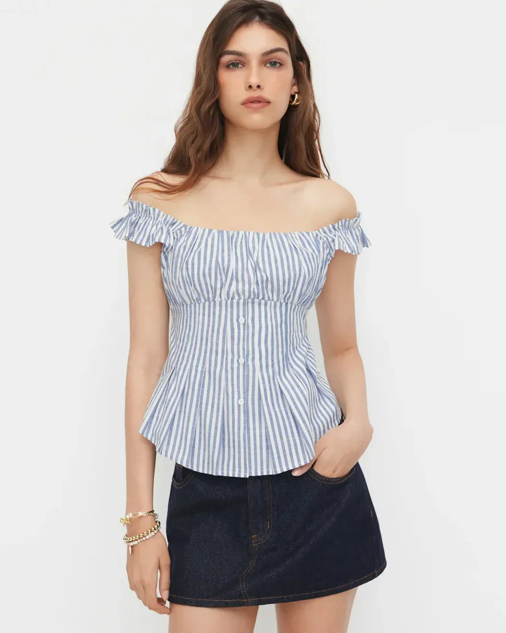 Off Shoulder Striped Button Down Top in Blue and White