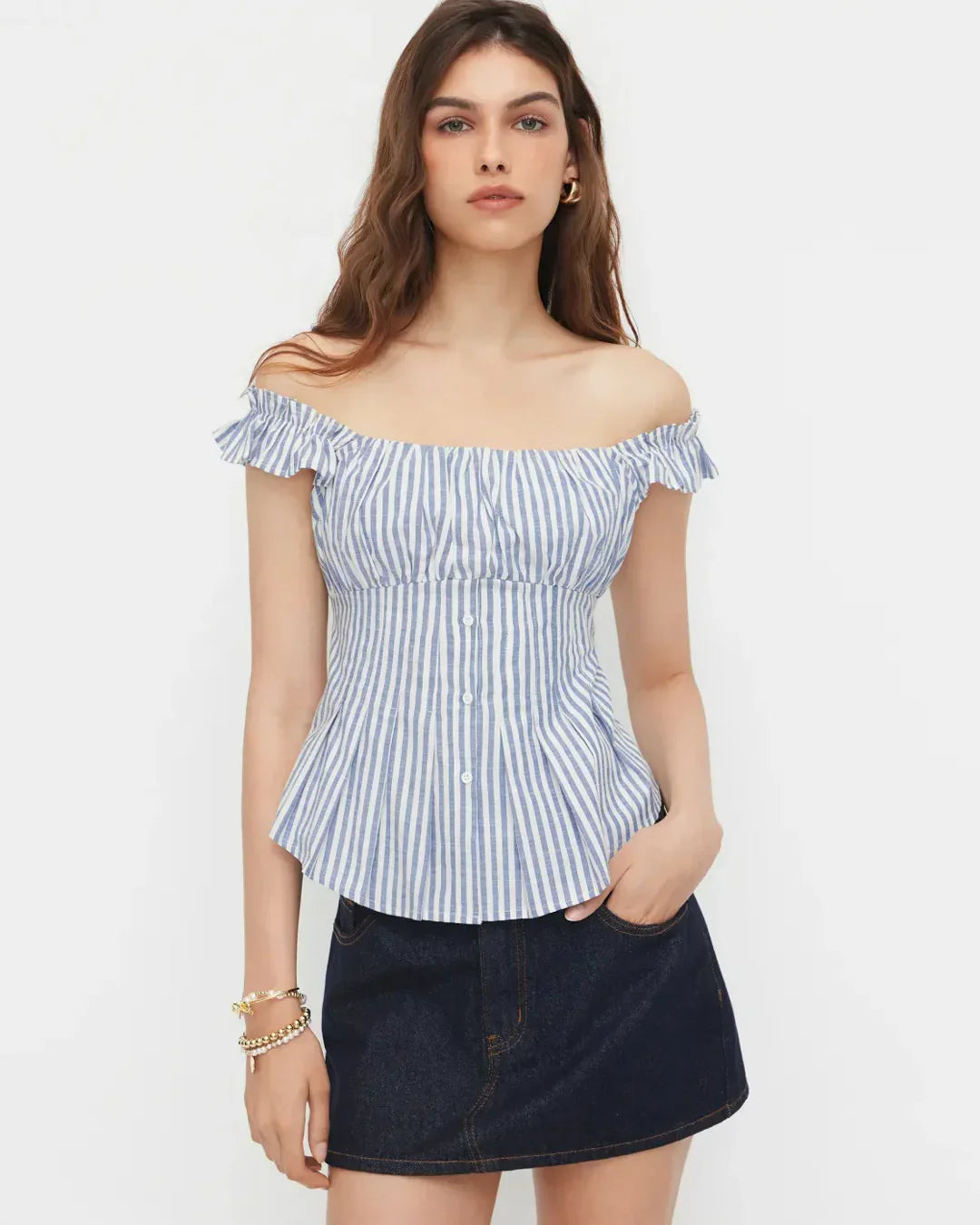 Off Shoulder Striped Button Down Top in Blue and White