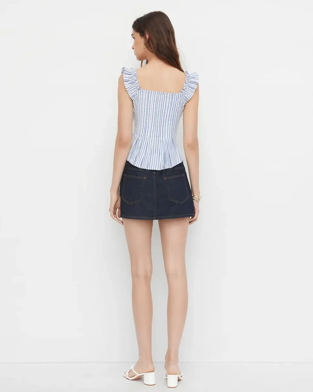 Off Shoulder Striped Button Down Top in Blue and White