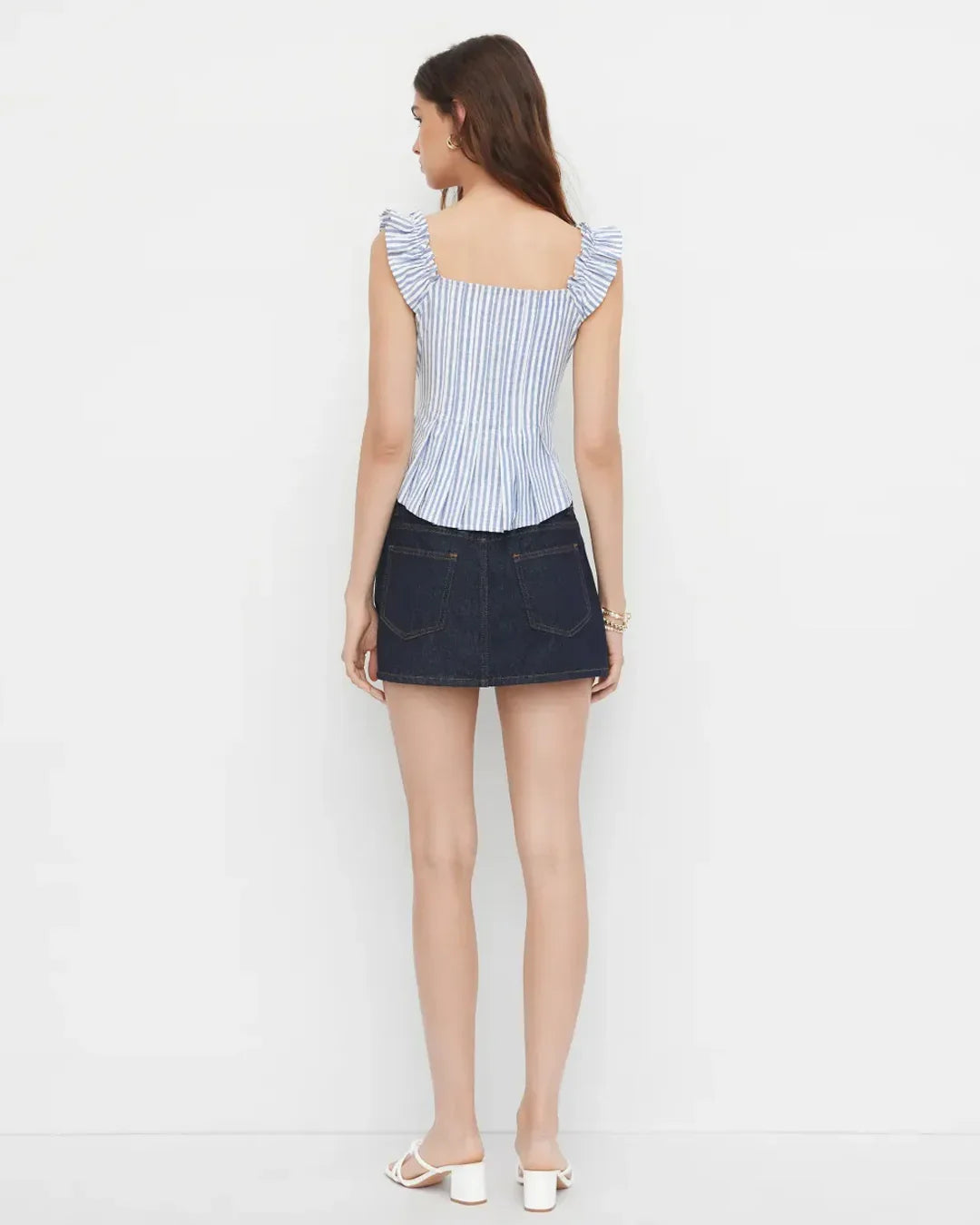 Off Shoulder Striped Button Down Top in Blue and White