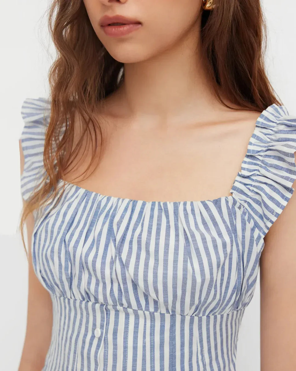 Off Shoulder Striped Button Down Top in Blue and White