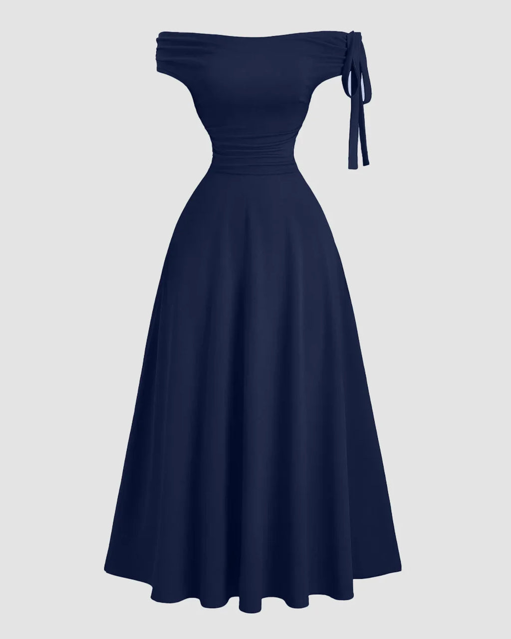 Off Shoulder Tie Up Fitted Long Dress in Navy Blue