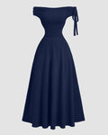 Off Shoulder Tie Up Fitted Long Dress in Navy Blue