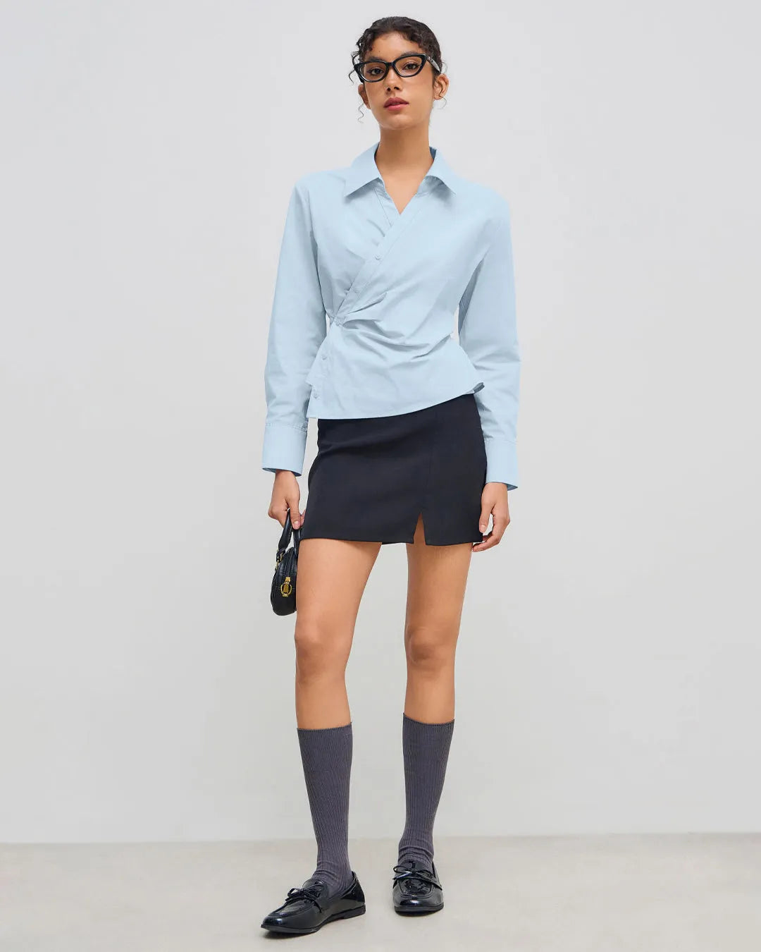 Office Chic Ruched Side Collared Shirt In Sky Blue
