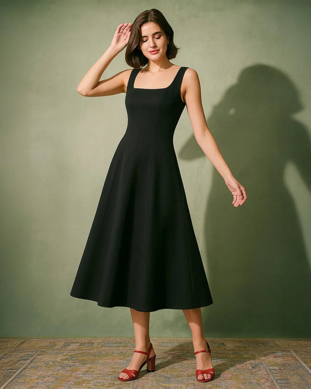 Olive Green Scoop Neck Midi Dress with Retro Style