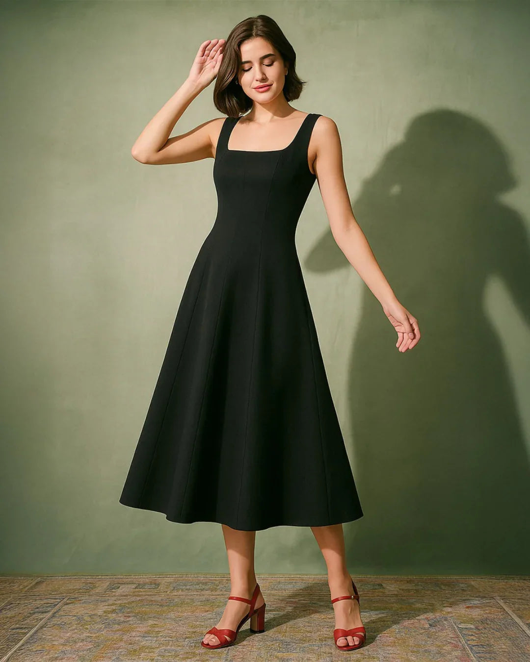 Olive Green Scoop Neck Midi Dress with Retro Style
