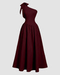 One-Shoulder Bow Fit & Flare Midi Dress in Maroon