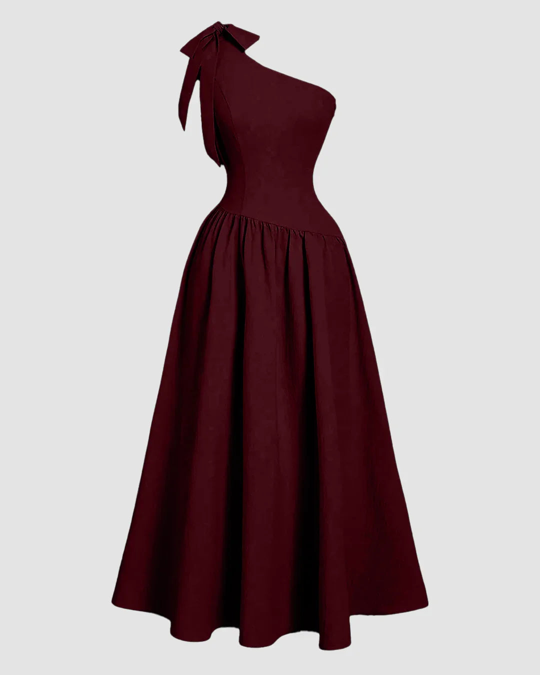 One-Shoulder Bow Fit & Flare Midi Dress in Maroon