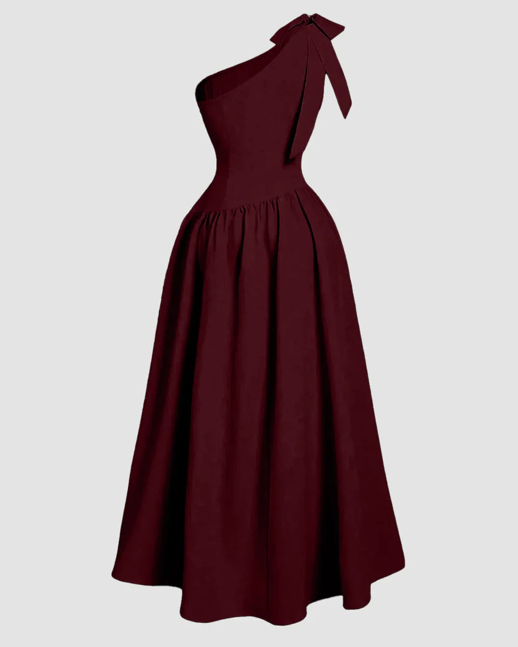 One-Shoulder Bow Fit & Flare Midi Dress in Maroon