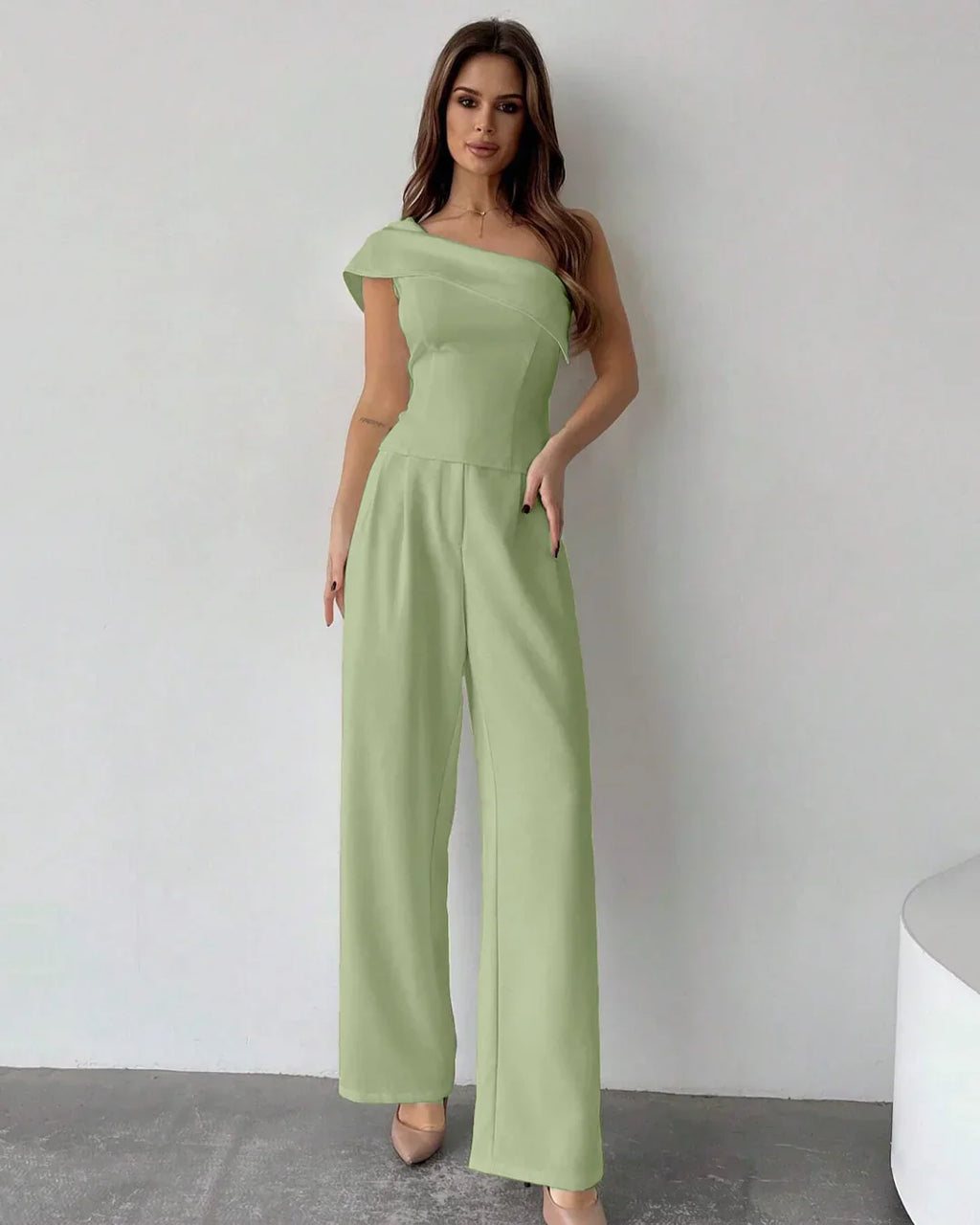 One-Shoulder Draped Top & Wide-Leg Trouser Co-ord in Light Pista