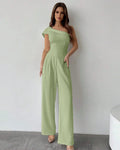 One-Shoulder Draped Top & Wide-Leg Trouser Co-ord in Light Pista