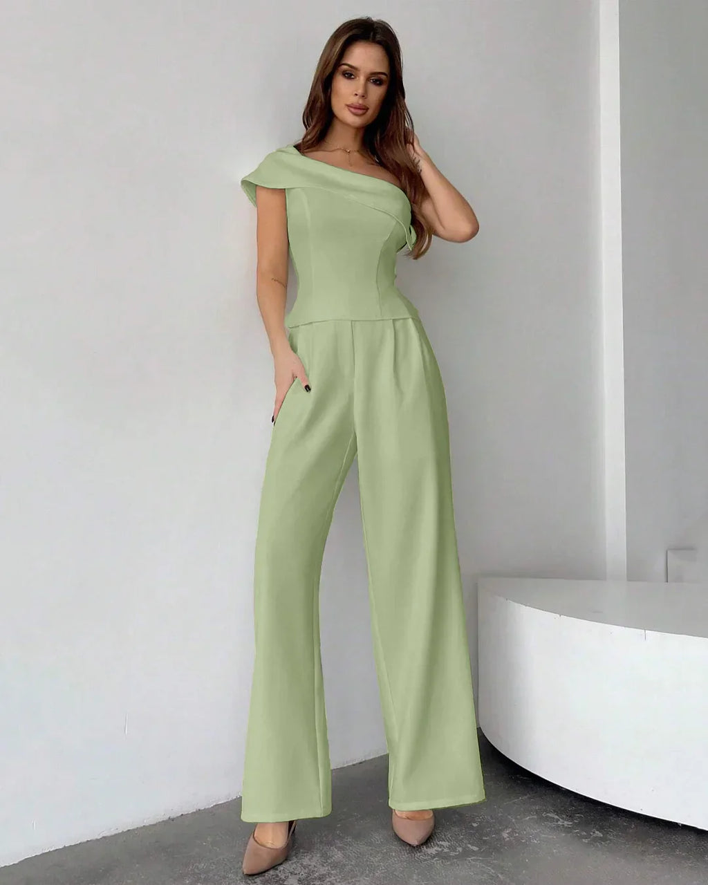 One-Shoulder Draped Top & Wide-Leg Trouser Co-ord in Light Pista
