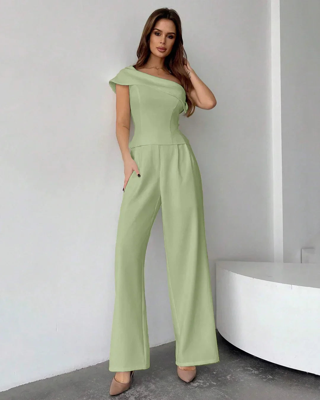 One-Shoulder Draped Top & Wide-Leg Trouser Co-ord in Light Pista